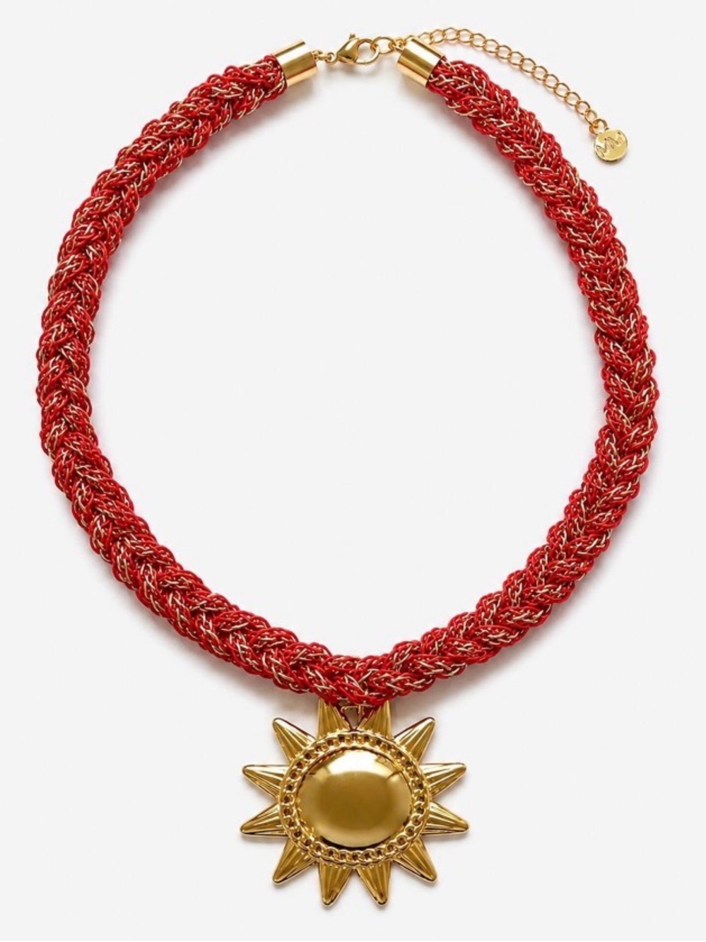Mayamar Gold Sunburst Pendant on Red Braided Necklace